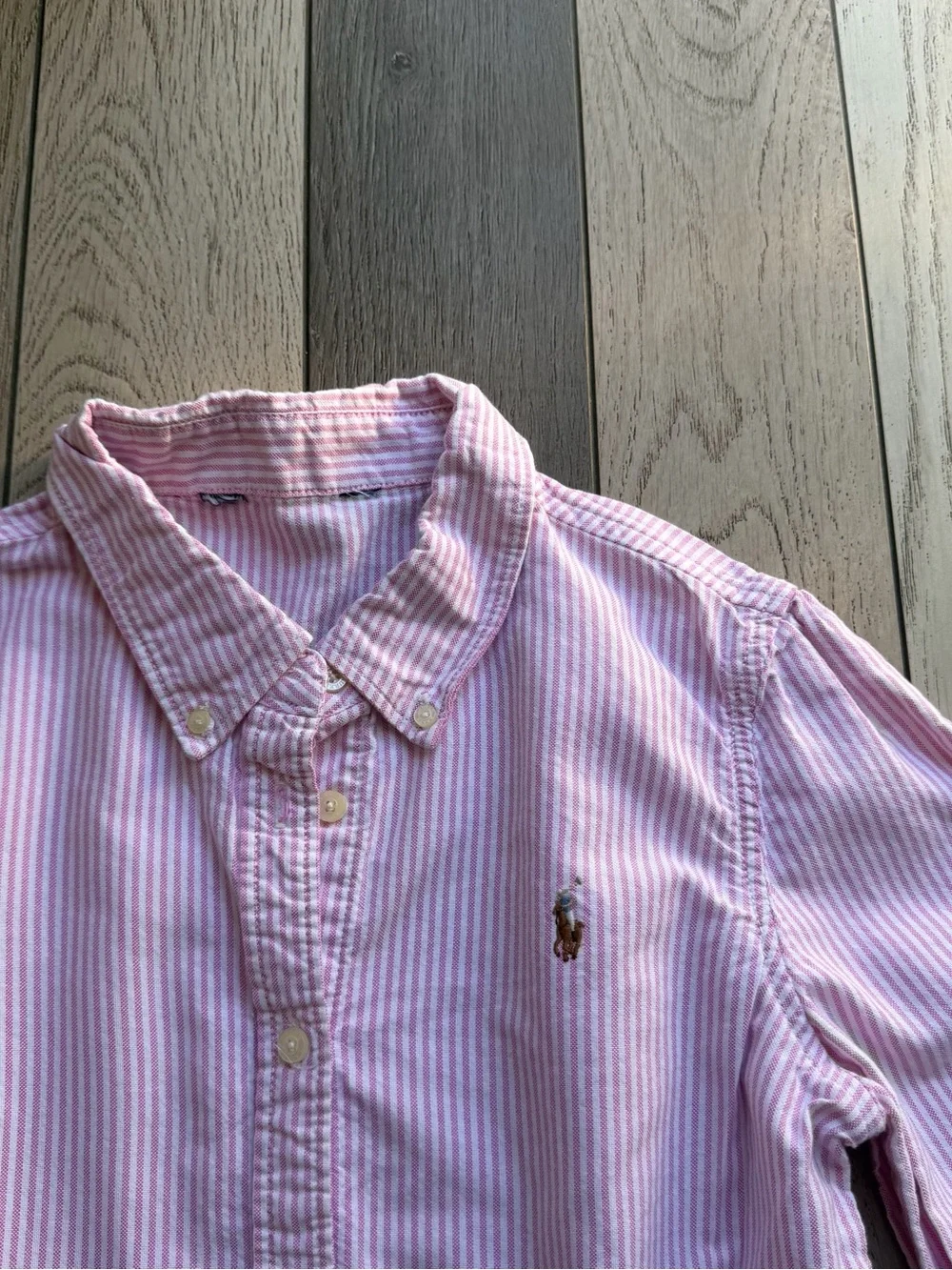 Ralph Lauren Kids Pink and White Striped Peplum Button-Down Dress 12-14